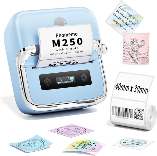 Phomemo M250 Label Maker, 3" Thermal Barcode & Address Printer - Portable Label Maker for Business, Home & Logos, Sticker Printer Compatible with Phones & PCs, with 100 Labels, 40x30mm