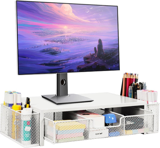 Computer Monitor Stand Riser with Drawer and Pen Holders, Desk Organizer Shelf and Accessories, Office Desk Accessories, Office Organization, White