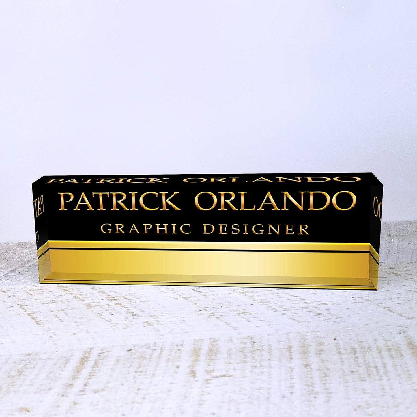 Artblox Office Name Plate Personalized | Custom Name Plates for Desks on Acrylic Glass Decor | Office Desk Decor Nameplate | Accessories | Black Gold Stripe - (8"x2.5")