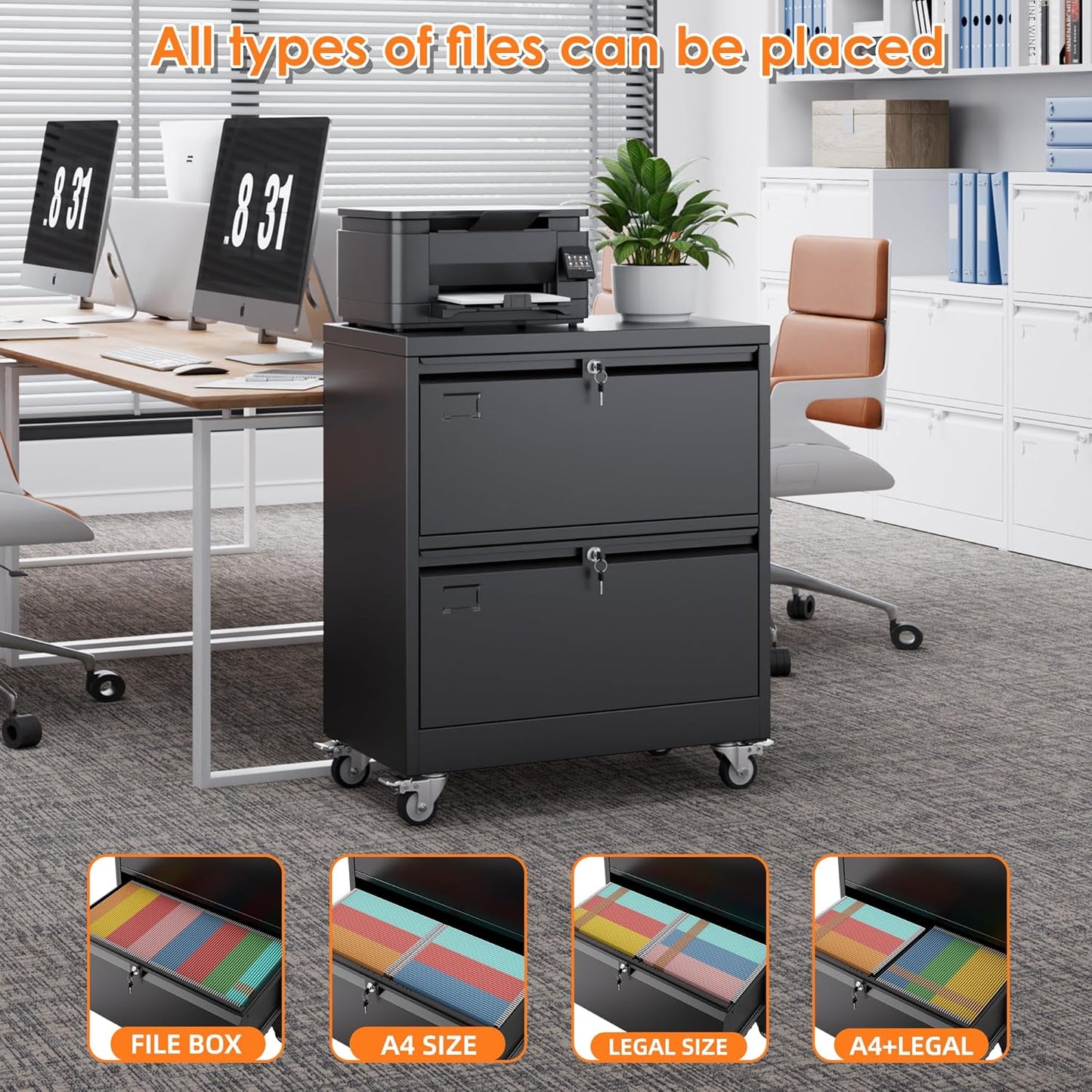 Aobabo Metal 2 Drawer Lateral File Mobile Cabinet with 2 Lock, Flie Cabinet with Wheels and Adjustable File Bars for Office,Home, for Letter/Legal Size, Black, Assembly Required