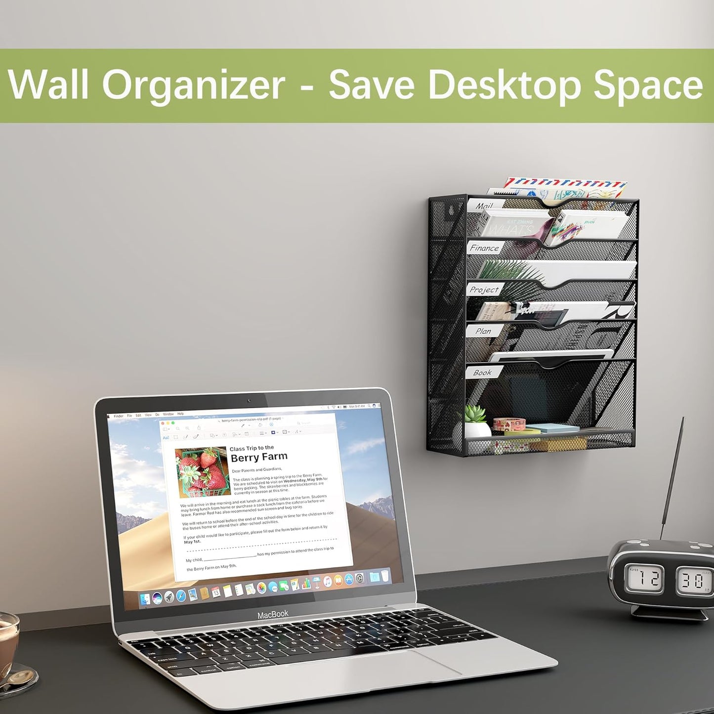 EasyPAG 5-Tier Wall File Holder, Mesh Hanging Folder Organizer with Classify Label, Versatile Desk File Organizer for Office Home, Vertical Wall Mounted Mail Sorter, Sides Closed, Black