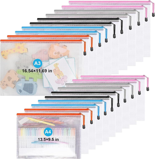 Mesh Zipper Pouch Bags,Zipper Pouches,Mesh Zipper Bags for Organizing,Storage Bags for Office Supplies,Puzzle & Board Game Storage. (A3(10 Pcs)+A4(10 Pcs))