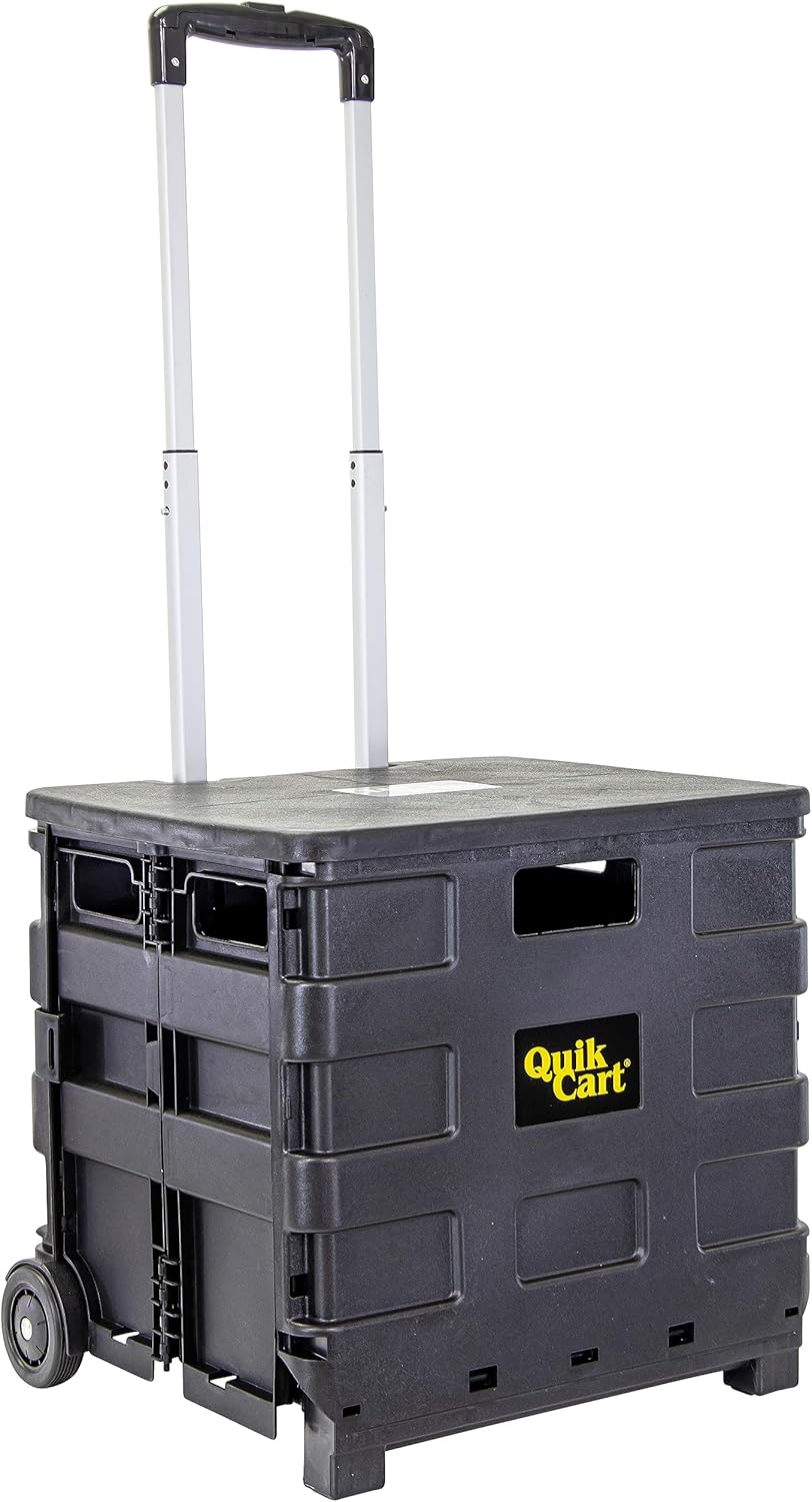 dbest products Quik Cart Sport Collapsible Rolling Crate on Wheels for Teachers Tote Basket 80 lbs Capacity, Made from Heavy Duty Plastic Used as a Seat, Black, Compact