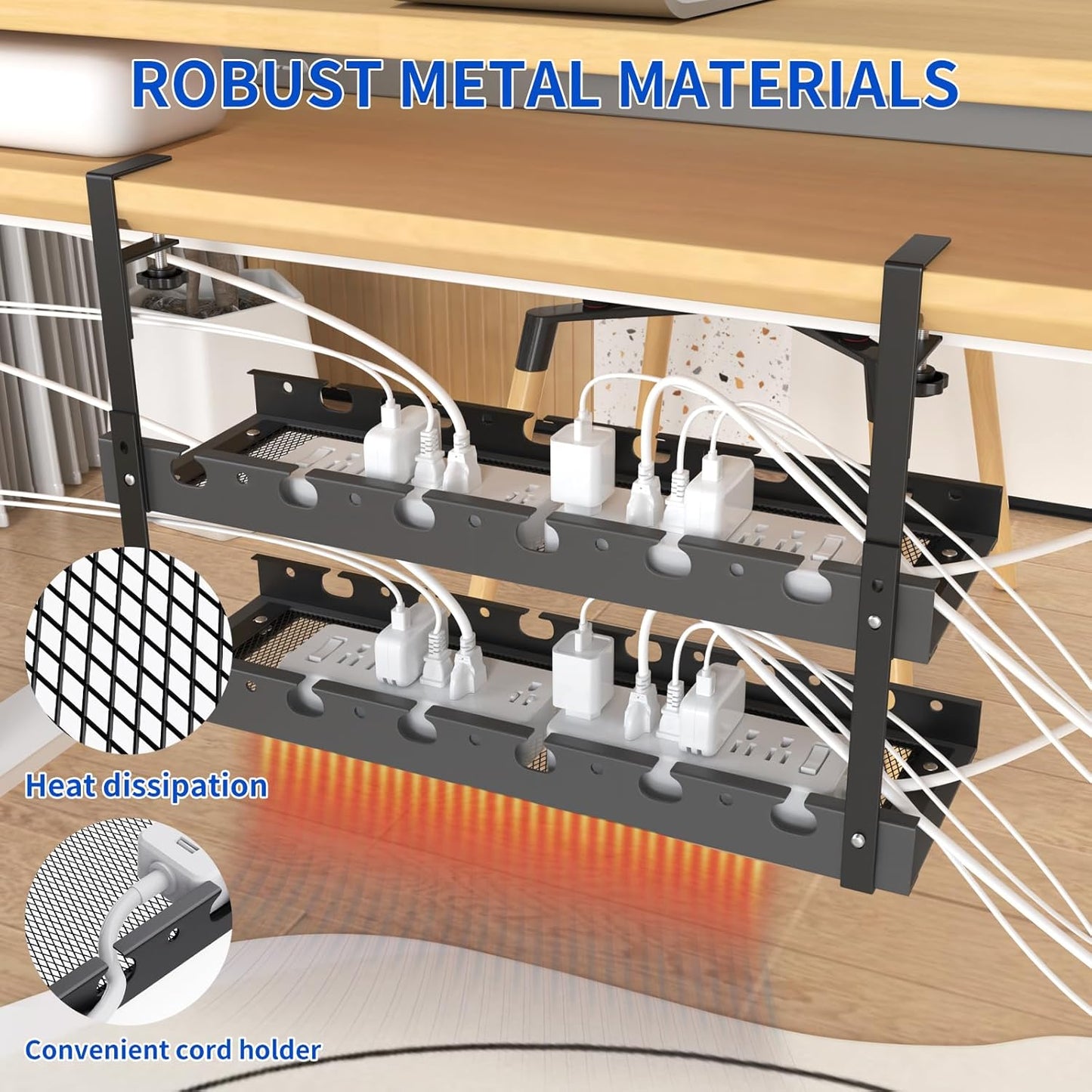 31Inch Extendable Under Desk Cable Management Tray Multi-Model Metal Cable Management Tray Under Desk Cord Management with Clamp Power Strip Cord Holder for Wire Cable Management, Black