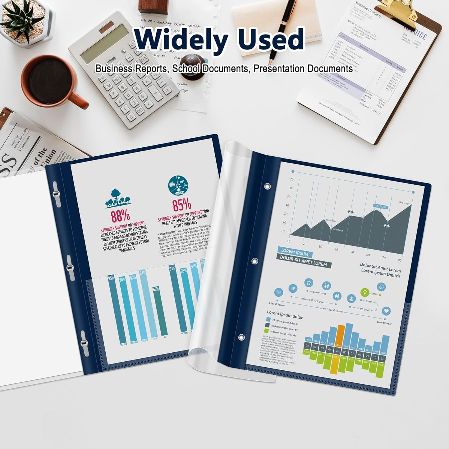 Ndsox 5 Packs Clear Front Report Covers with 3-Prong Fasteners Plastic Project Presentation Folders Resume Document Covers with Navy Blue Back for 8.5x11 Letter Size Paper for School Office Business