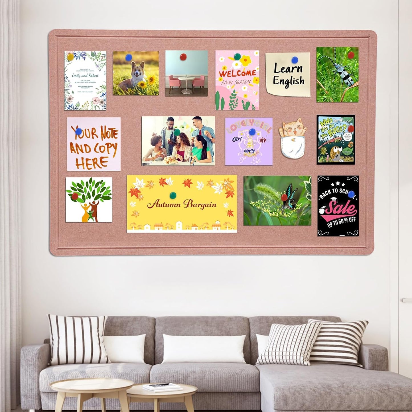 Large Bulletin Board - 48 X 36 inches Decorative Felt Pin Board - 4' x 3' Cork Board Alternative for Wall - Foldable Photo Board Self-Adhesive Vision Board Prayer Board with 30 Pushpins - Pink