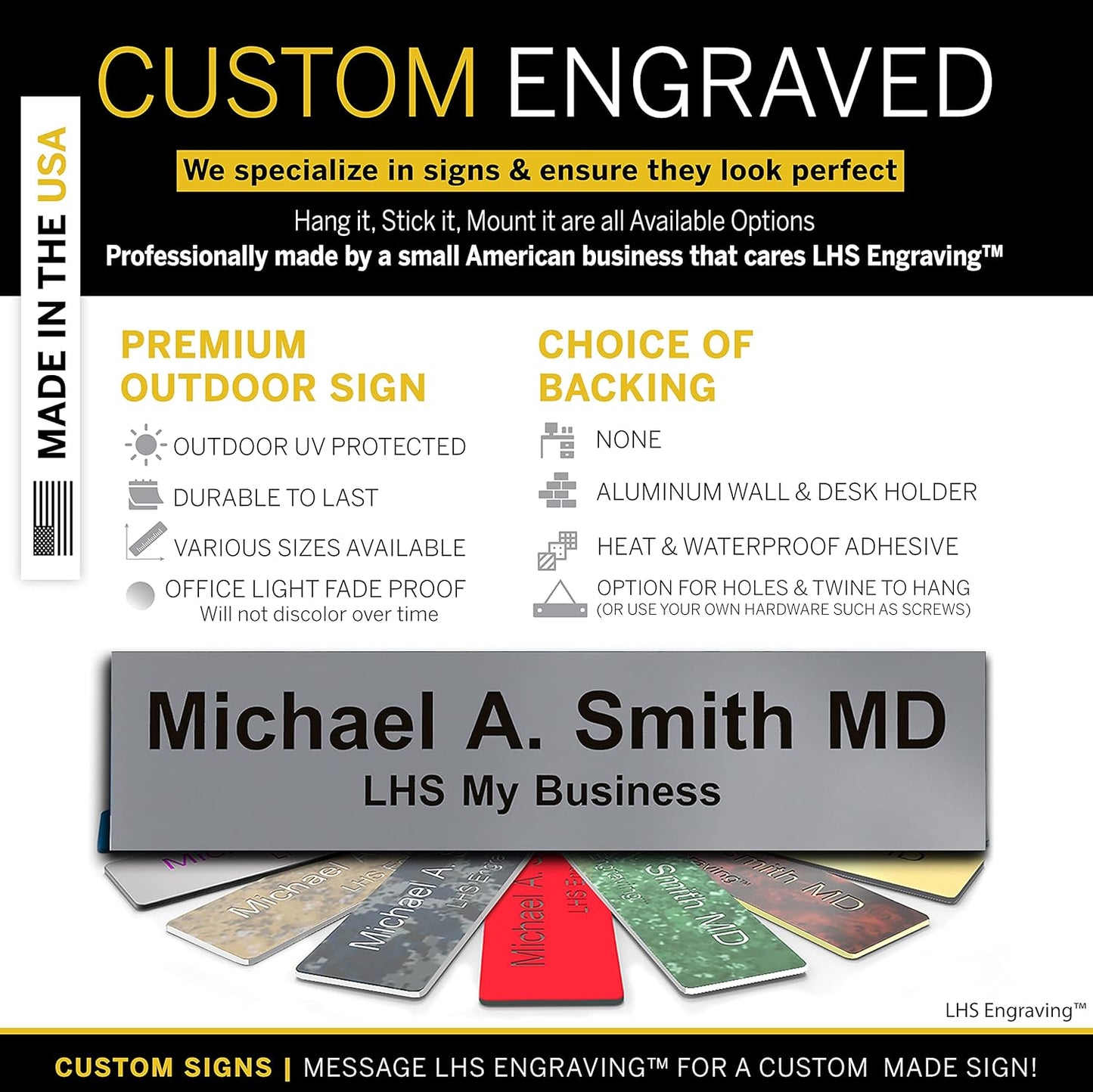 Door Name Plate Personalized for Office Gray Plastic Name Plate Black Letters - Made in USA 2x10 B8