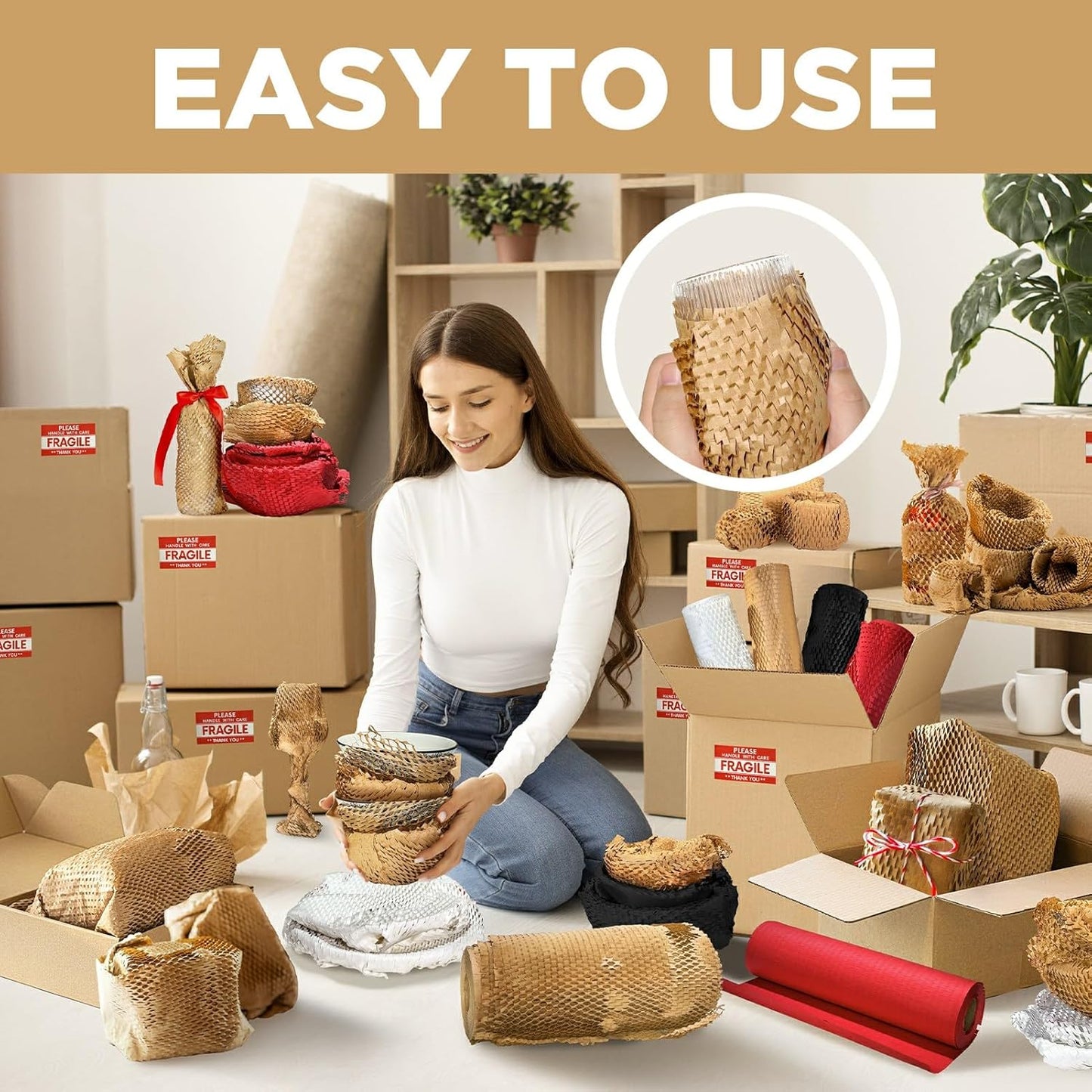 Honeycomb Packing Paper, 12"x200' Brown | Perforated Honeycomb Packing Paper Recyclable Moving Supplies for Shipping & Moving | Plastic-Free Alternative to Bubble Cushion Wrap with 36 Fragile Stickers