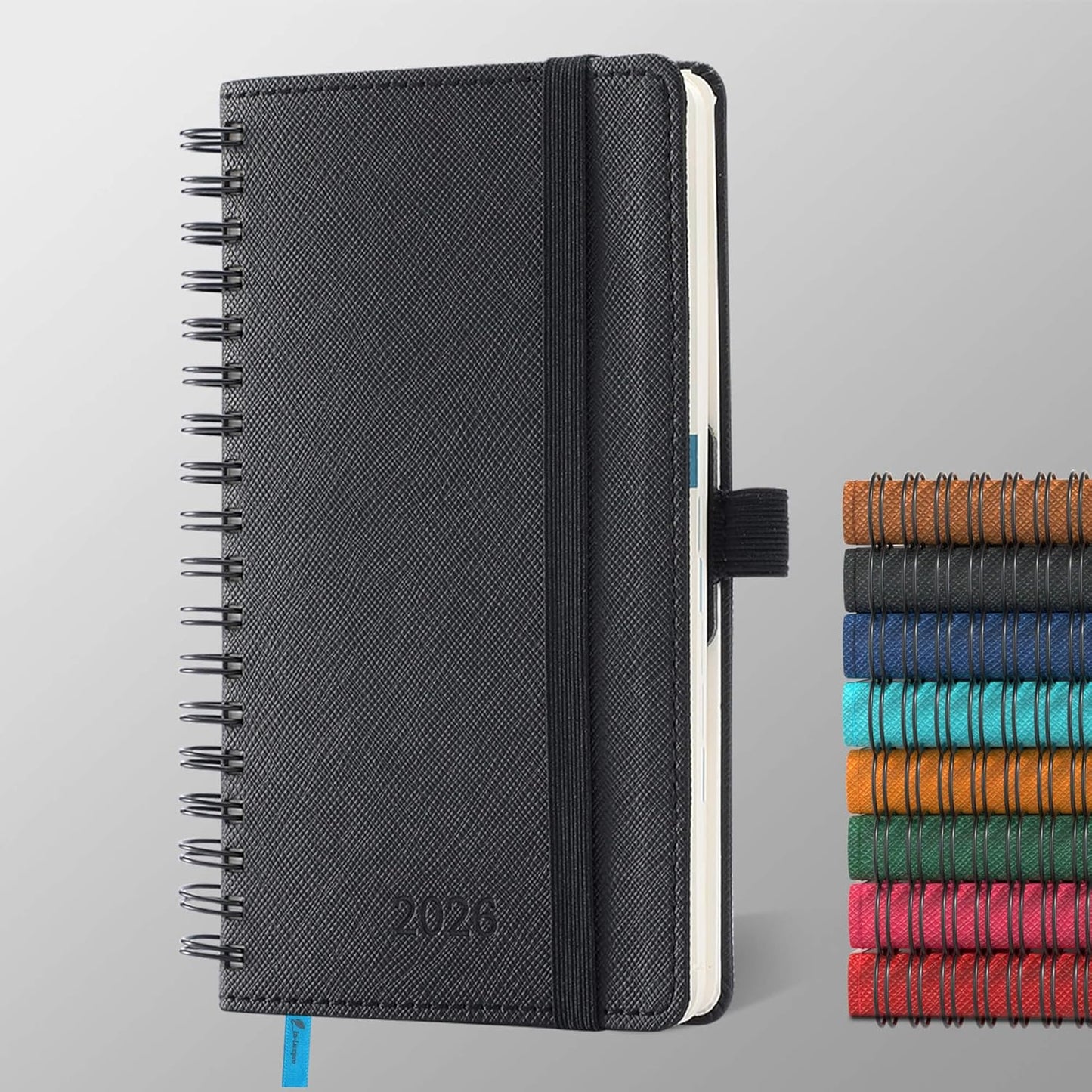 Planner 2026 Daily Weekly and Monthly,6.5"x3.75",12 Months Spiral Bound Calendar Agenda with Self-adhesive Pen Holder,2026 Appointment Book with Vegan Leather Soft Cover,Black