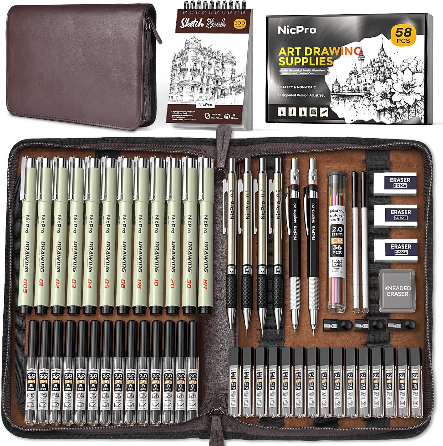 Nicpro 58 PCS Art Drawing Supplies Kit in Leather Case, Art Mechanical Pencil Set with Metal Drafting Pencil 0.3 & 0.5 & 0.7 & 0.9 & 2mm, 12 Micron Pen, Sketch Book, 30 Tube Lead Refills for Sketching