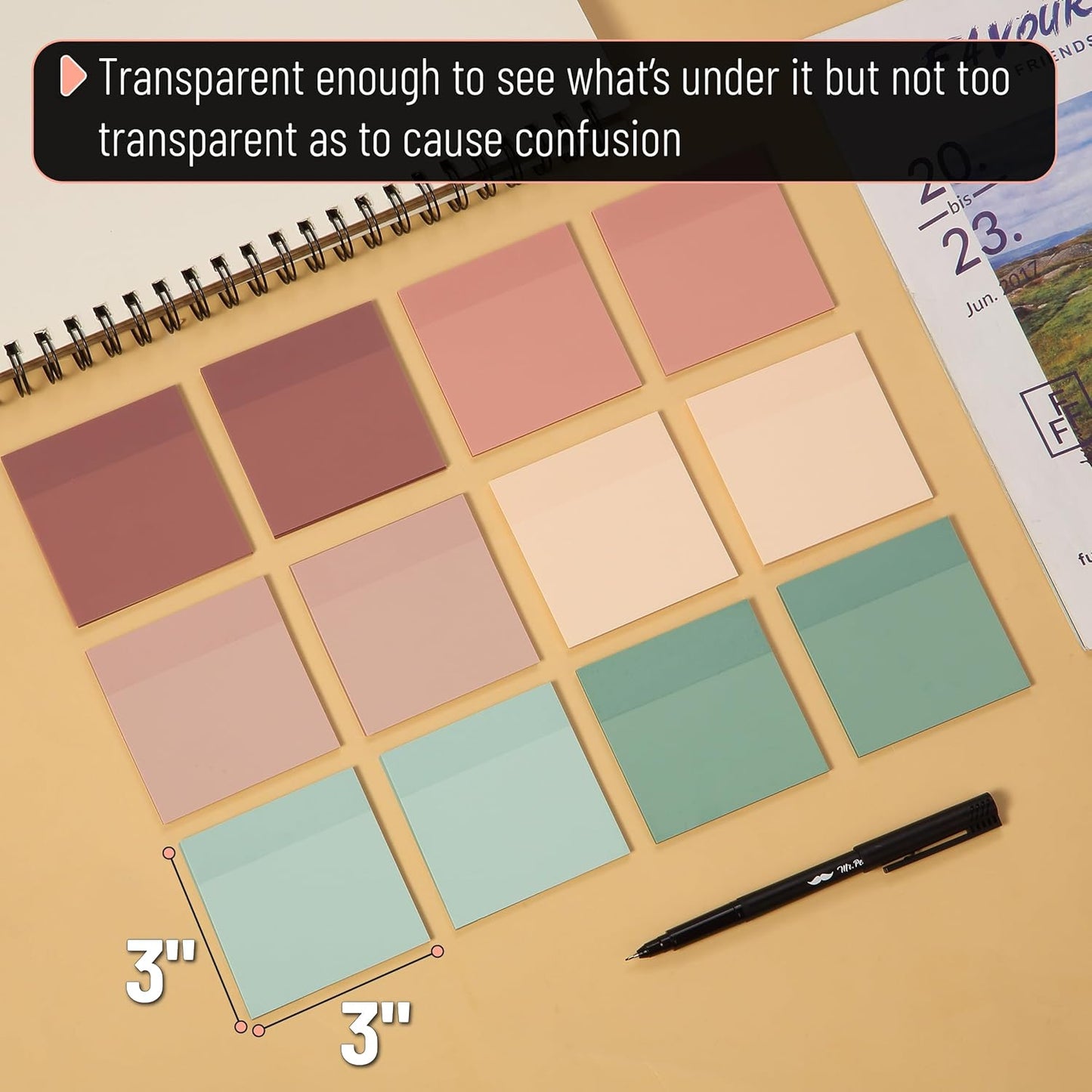 Mr. Pen Boho Colors Sticky Notes - Set of 12 Pads (3"x3"), 600 Sheets - See Through, Clear