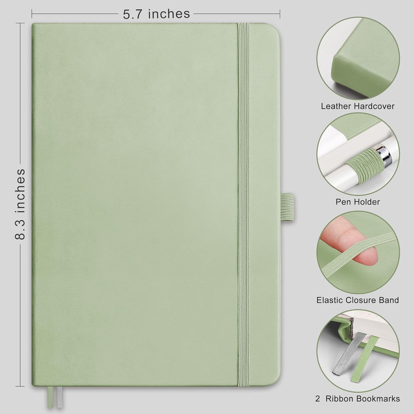 RETTACY Lined Journal Notebook, 192 Numbered Pages, A5 Medium Size (5.7'' x 8.3''), for Men & Women, Journaling, Writing, Work & Office, Leather Hardcover, 100 GSM Thick Paper (Light Green)