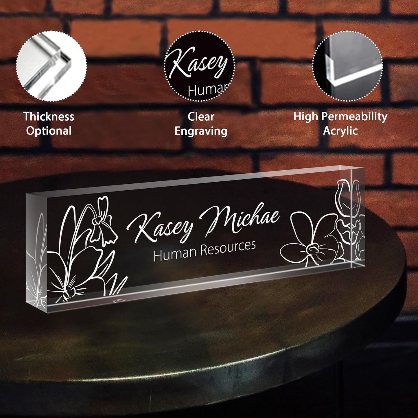 Personalized Name Plate for Desk - Custom Engraved Name Plates for Man - Boss Day Gifts for Boss - Acrylic Office Decor Appreciation Gifts for Teacher Nurse Coworker Social Worker (White Bloom)