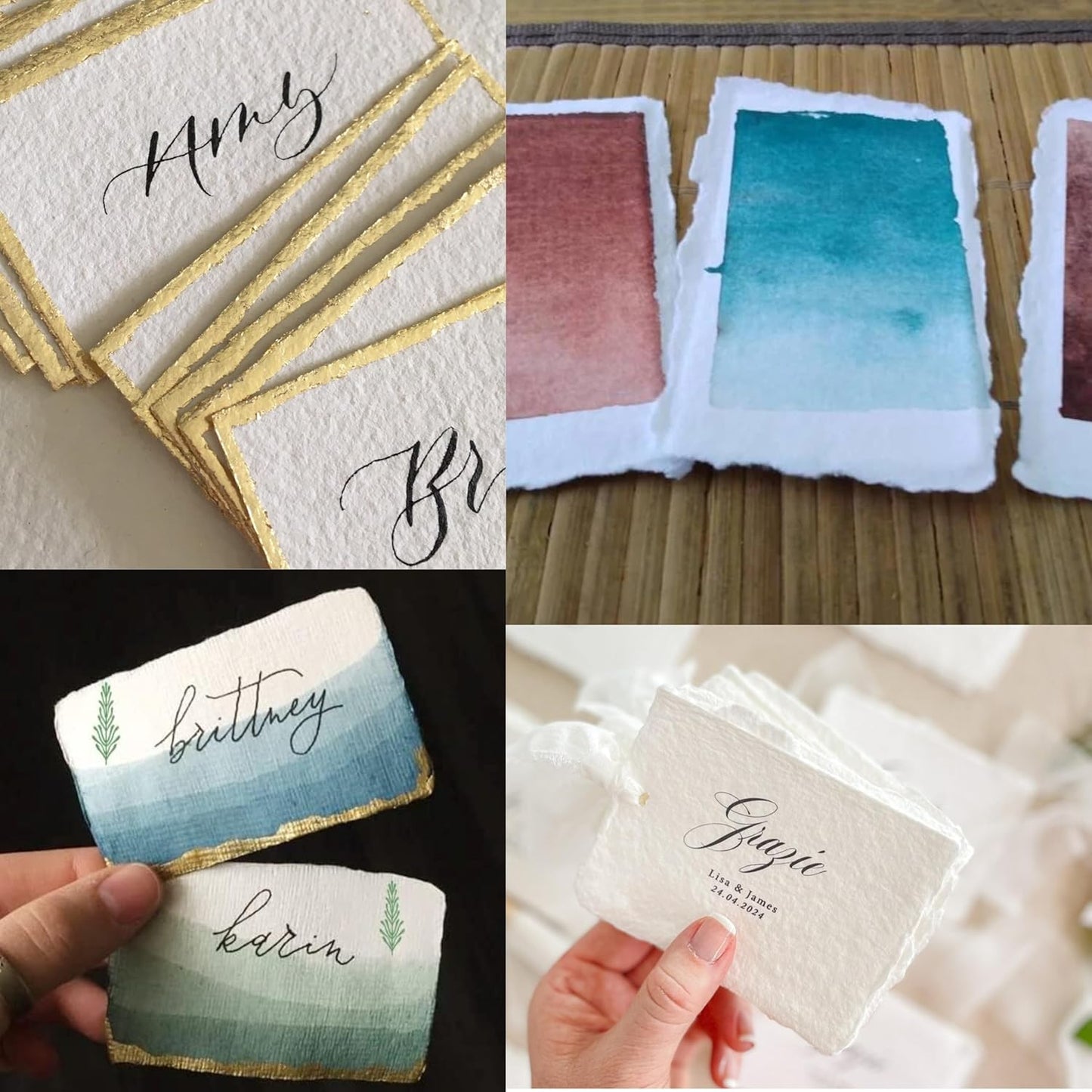 Handmade Deckle Edge Blank Paper - Mixed Media Loose Leaf Paper for Placecard/Escort Cards , Place Cards, Vow Cards, Business Card - White Color - Package of 50 - Thick 150 GSM - 2 x 3"