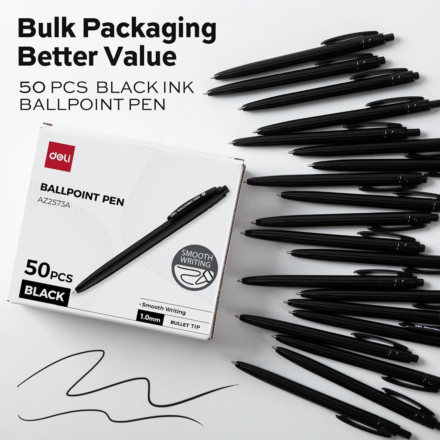deli Pens Bulk, 50 Pack Retractable Ballpoint Pens, 1.0MM Black Ink,Smooth Writing, No Bleed, Comfortable Grip for Home,Office & School Use