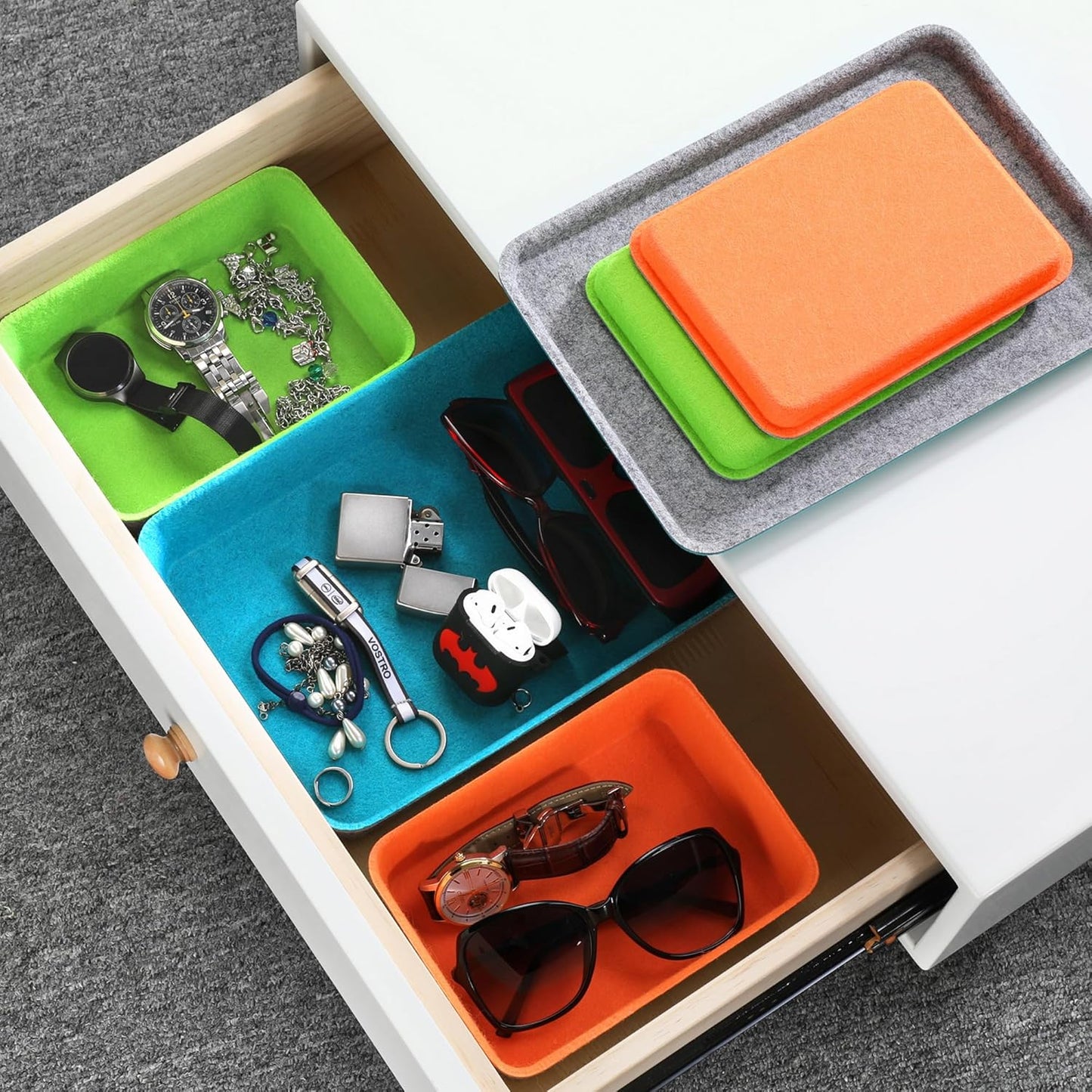 Welaxy stackable Lidded drawer organizer bins home office work desktop storage box with lid for junk makeup stationery decluttering sorting 3-pack (Orange + Green + Turquoise)