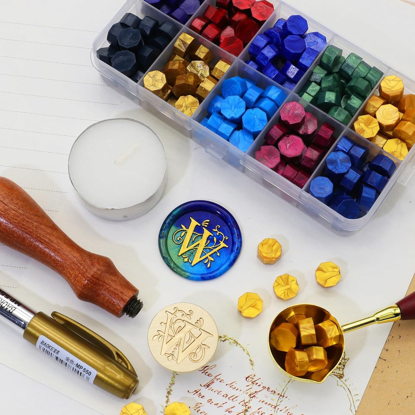 SWANGSA Initial Alphabet W Wax Seal Stamp Kit, Classic Retro Letter Sealing Stamp with 200pcs Sealing Wax Beads Kit for Wedding Invitations Cards Envelopes (W)