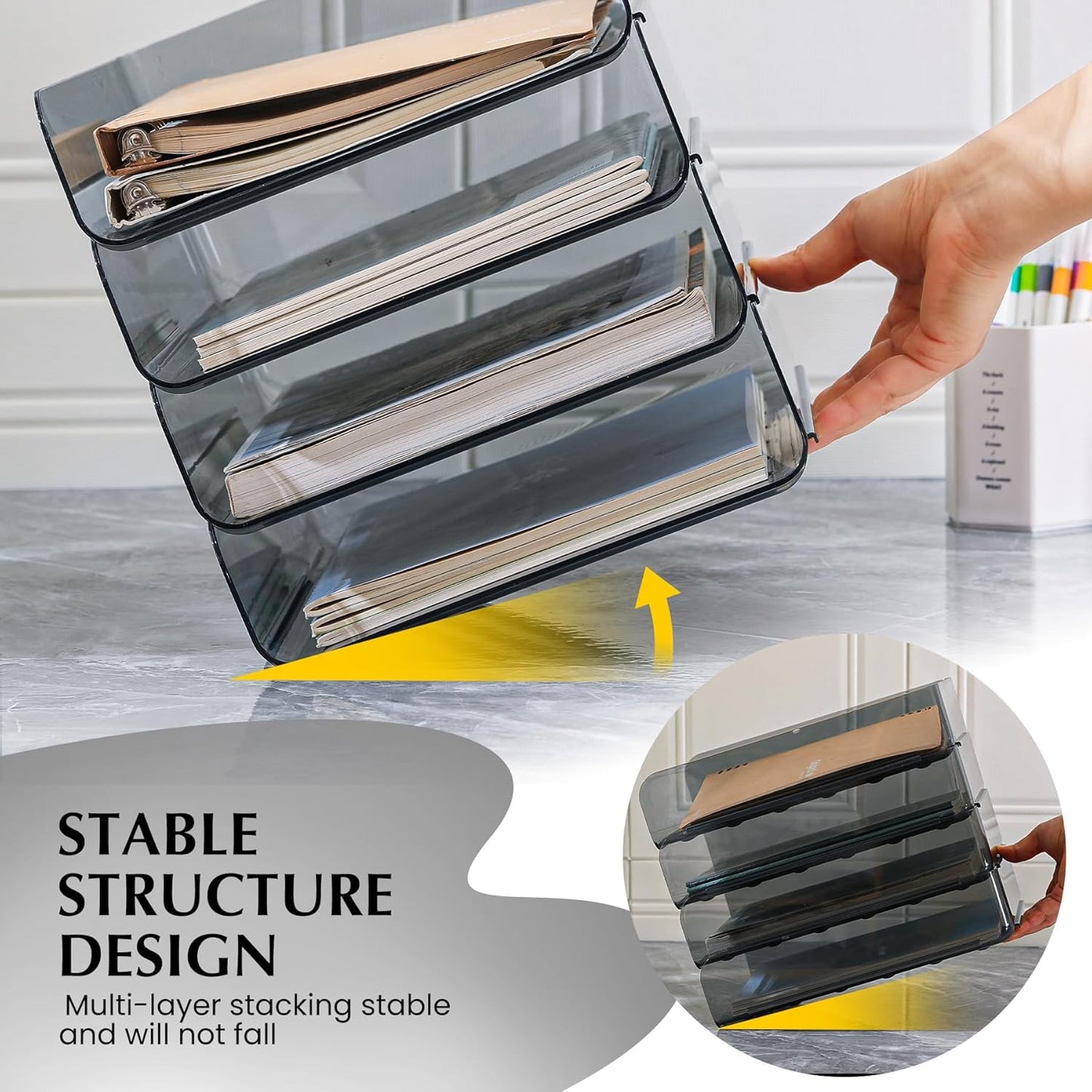 2 Pack Stackable Paper Tray Organizer, Clear File Organizer for Desk, Office Organizer and Storage for Desk Accessories, Notes, Books, File Paper, Document, Black