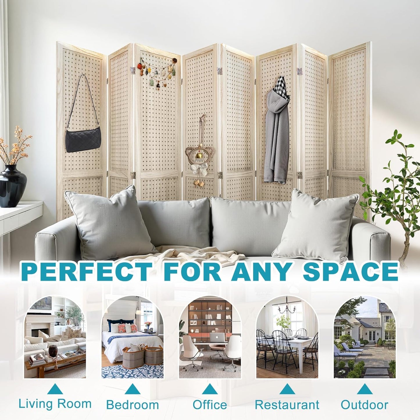 8 Panel Room Divider, 5.6FT Folding Room Divider Screen, Free Assembled Freestanding Partition for Home Office Bedroom, Tan