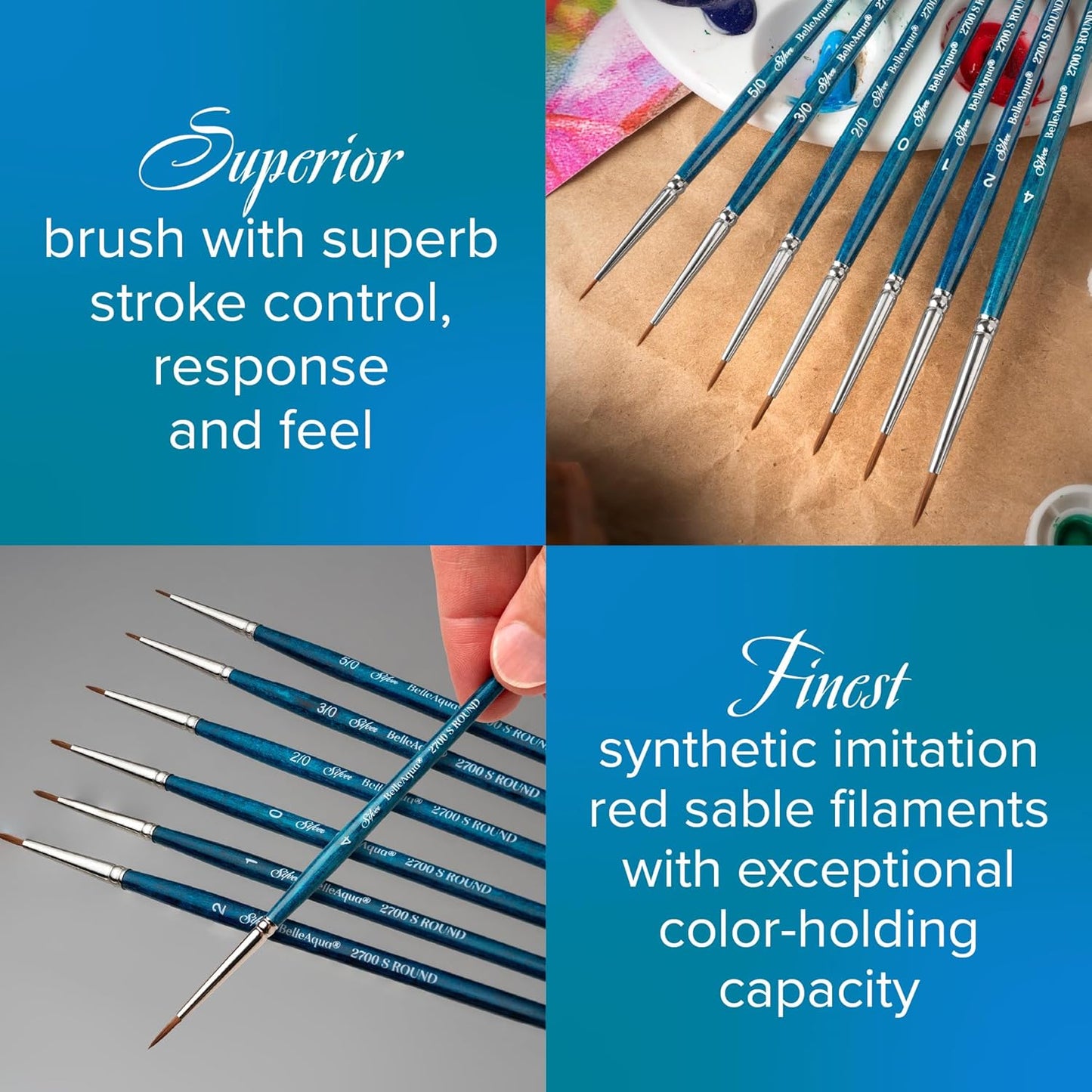 Silver Brush Limited BA-2761S BelleAqua Creative Shape 2pc Dagger Striper Watercolor Brush Set, Professional Soft Synthetic Red Sable Short Handle Artist Painting Brushes, Sizes 1/4 and 3/8 Inch