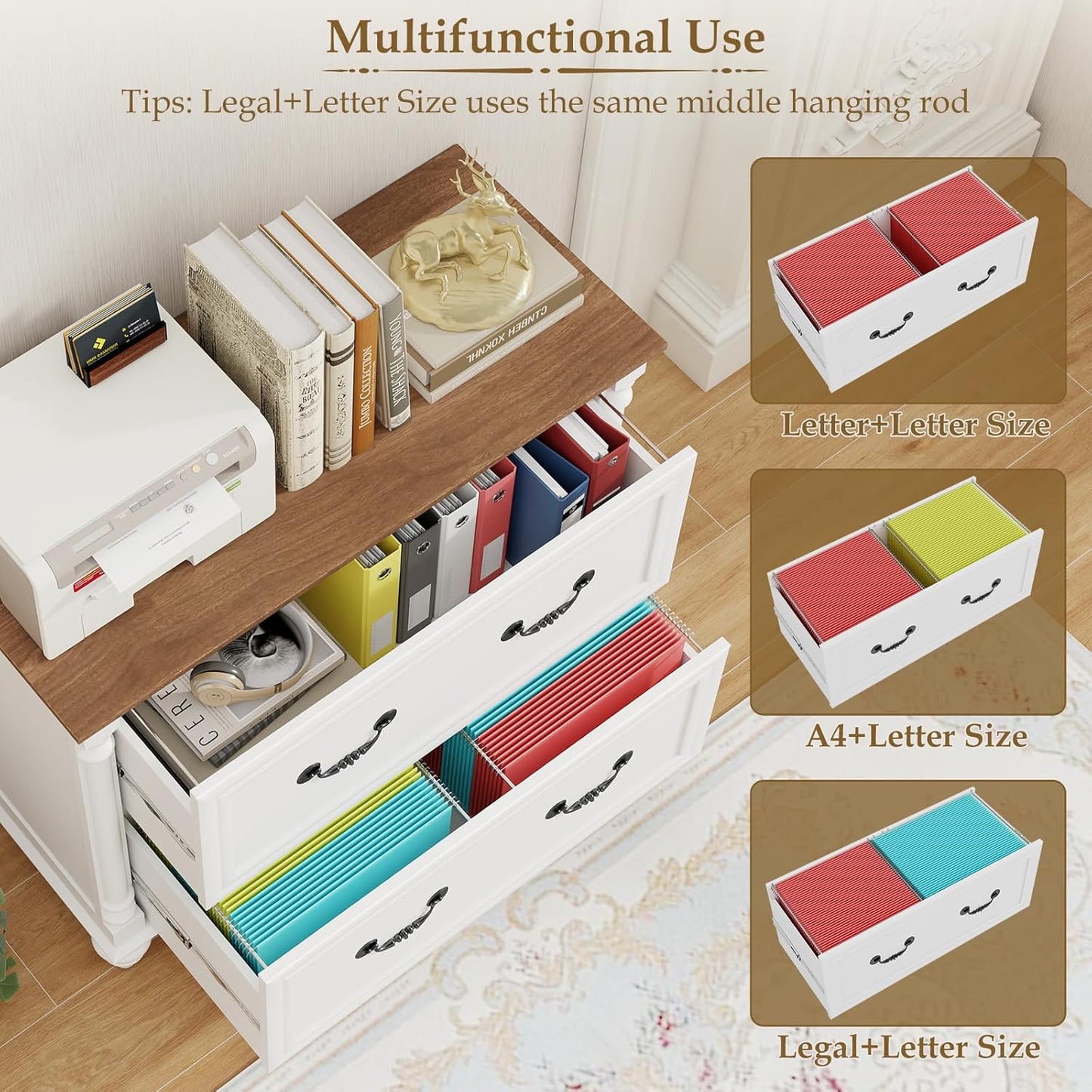 Lateral File Cabinet 2 Drawers Farmhouse File Cabinet for Letter/A4/Legal Size Hanging Files, Large Rustic White File Storage Cabinets Printer Stand with 4 Solid Wood Feet &Column Decor for Office