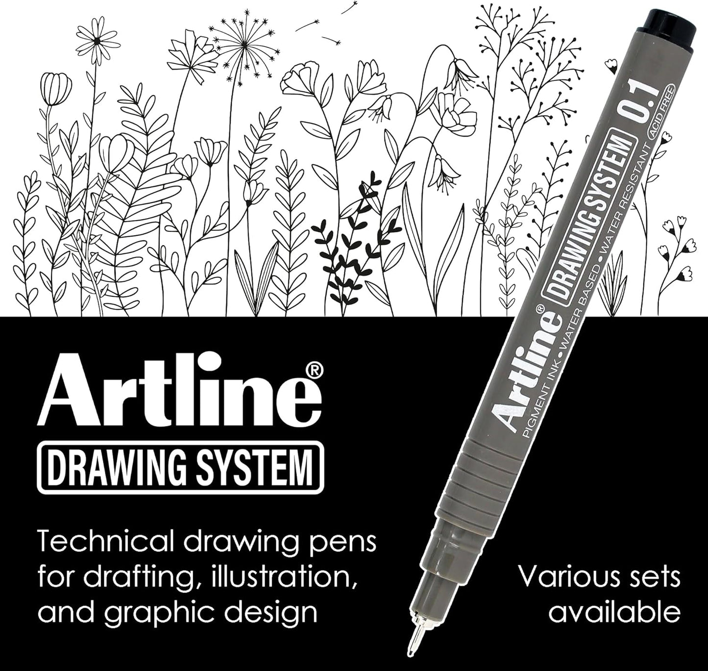 Artline 230 Drawing System Pens, Technical Drawing Pens For Drafting, Illustrating, and More, 0.1mm, 0.3mm, 0.5mm, and 0.7mm Fine Tips - Black, 4-Pack