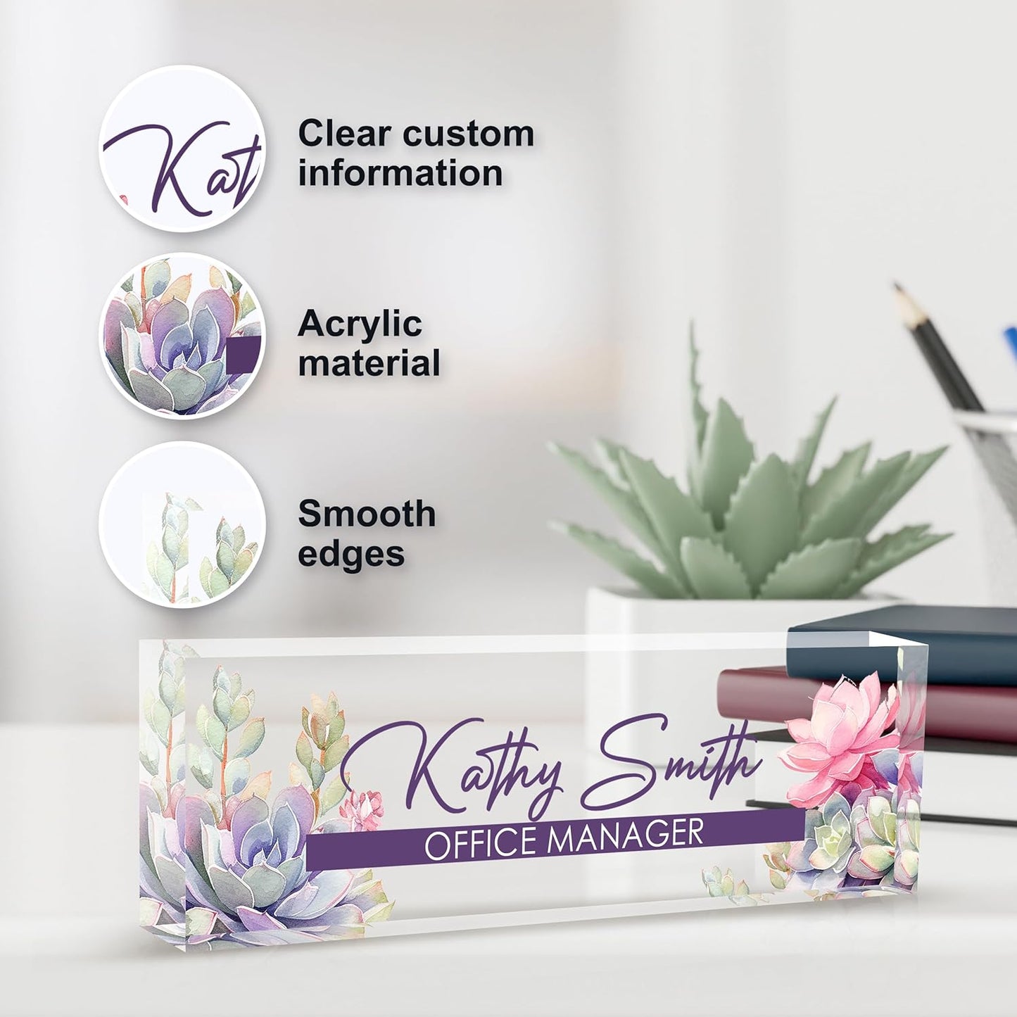 Personalized Name Plate for Desk, Custom Desk Name Plate, Acrylic Name Plate Office Desk Accessories, Personalized Office Gifts for Coworkers Teachers, Employee Appreciation Gifts (A-Blooming)