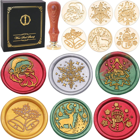 SWANGSA Christmas Wax Seal Stamp Gift Box Set, Vintage 6 Sealing Stamp Heads + 1 Wooden Hilt, Wax Stamp Kit for Christmas Party Invitations, Cards and Gift Packaging (Christmas Kit)