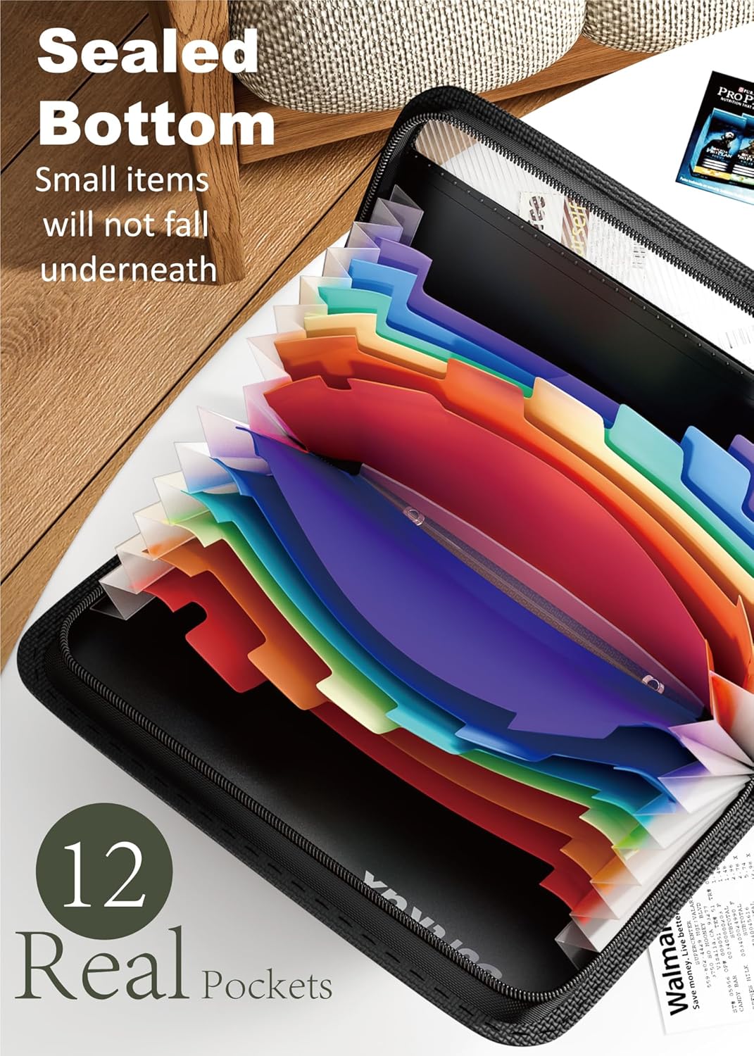 Small Receipt Coupon Organizer, A6 Size 12 Pockets Accordion File Organizer, 8X5.3 Inches, Zipper Closure