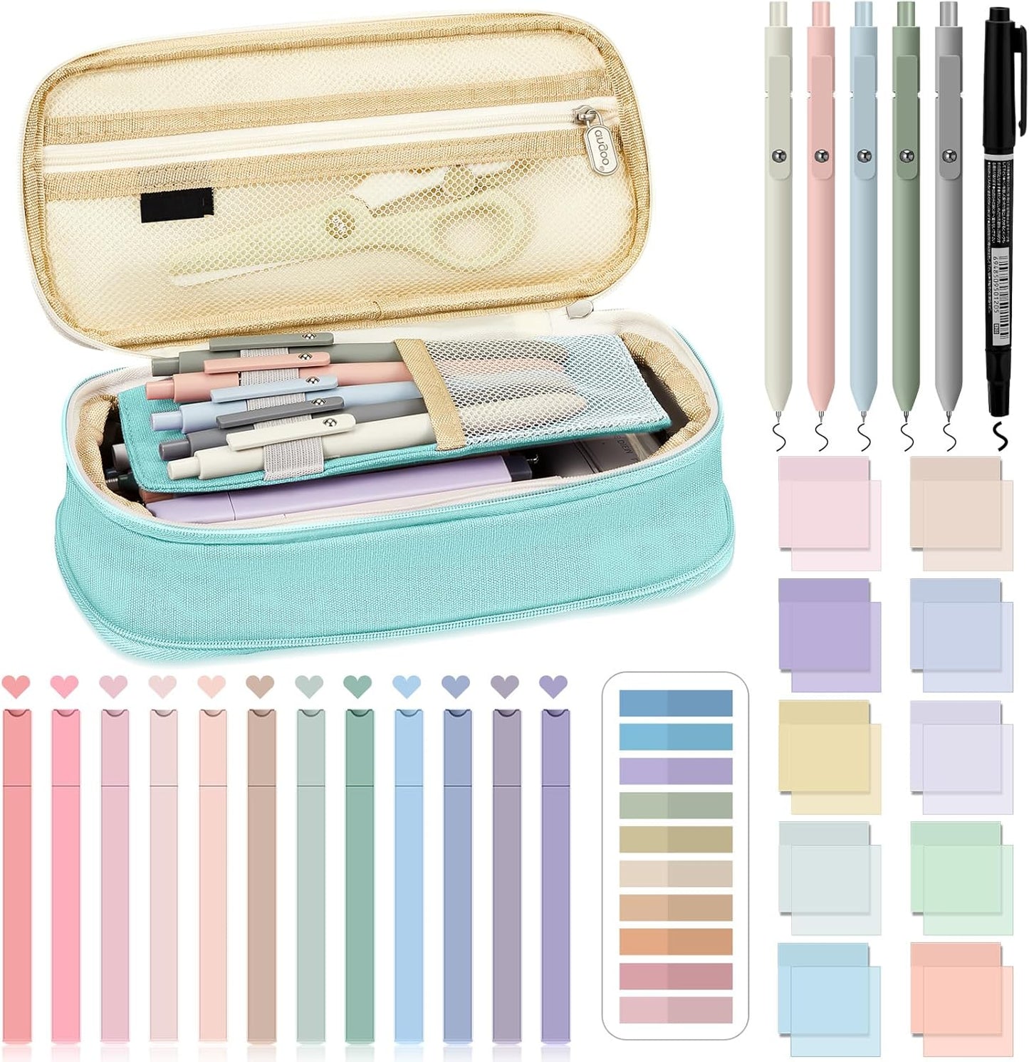 Jutom 39 Pcs Aesthetic Book Annotation Kit Highlighter with Pencil Case Bag Gel Pen Transparent Sticky Note Taking Bible Study College School Supplies(Mint Green,Cute Style)
