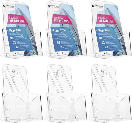 Acrylic Brochure Holder 8.5 x 5.5 Inches, 6-Pack Clear Plastic Display Stand for Half-Fold Flyers, Pamphlets, Menus, Trifold Literature, Wall Mount or Countertop Use