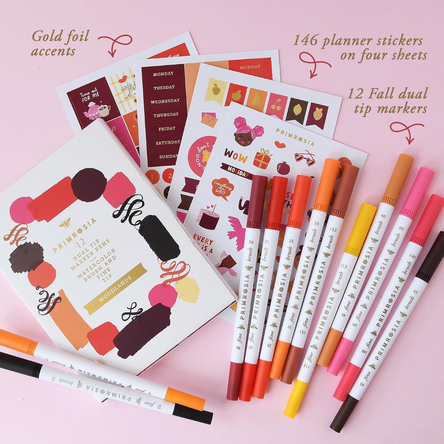 Primrosia 12 Dual Tip Watercolor Marker Pens - Fine Tip & Brush Tips, Professional Quality, 4 x Sticker Sheets, Blendable, Non-Toxic, Perfect for Calligraphy, Drawing & Coloring. (Woodlands)