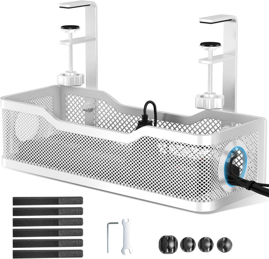 Cable Management Under Desk Tray, No Drill Cable Management Box with Clamp for Wire Organization, Cord Organizer for Office, Home - No Damage to Desk (White)