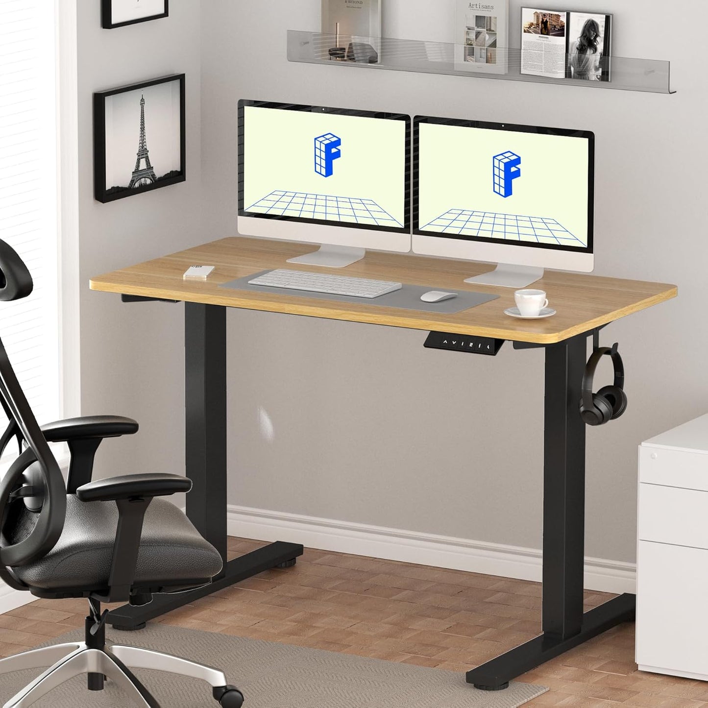 FLEXISPOT EN1 Whole-Piece Standing Desk 55x28 Electric Height Adjustable Desk for Home Office and Computer Workstation (Black Frame + 55" Maple Top, 2 Packages)