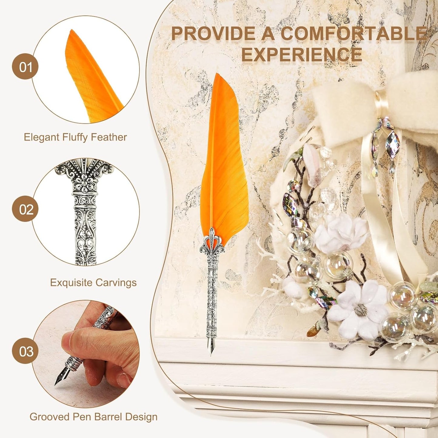 PATIKIL 26.5cm/10.4" Calligraphy Feather Quill Pen, Vintage Feather Dip Pen with 5 Replacement Nibs for Calligraphy Writing Wedding Office Gifts, Orange