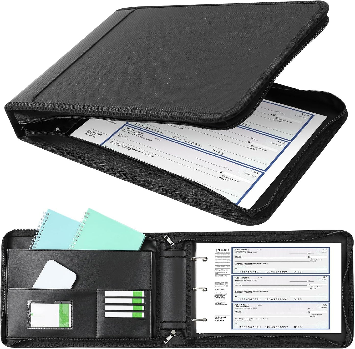 Henoyso 3 Rings Fireproof Business Check Binder with Zipper 1.5 Inch D Rings 3 on a Page Fit 3 & 9 Holes Check 600 Sheets Capacity Organizer Binder for Office Storage End Stub Deskbook(Black)