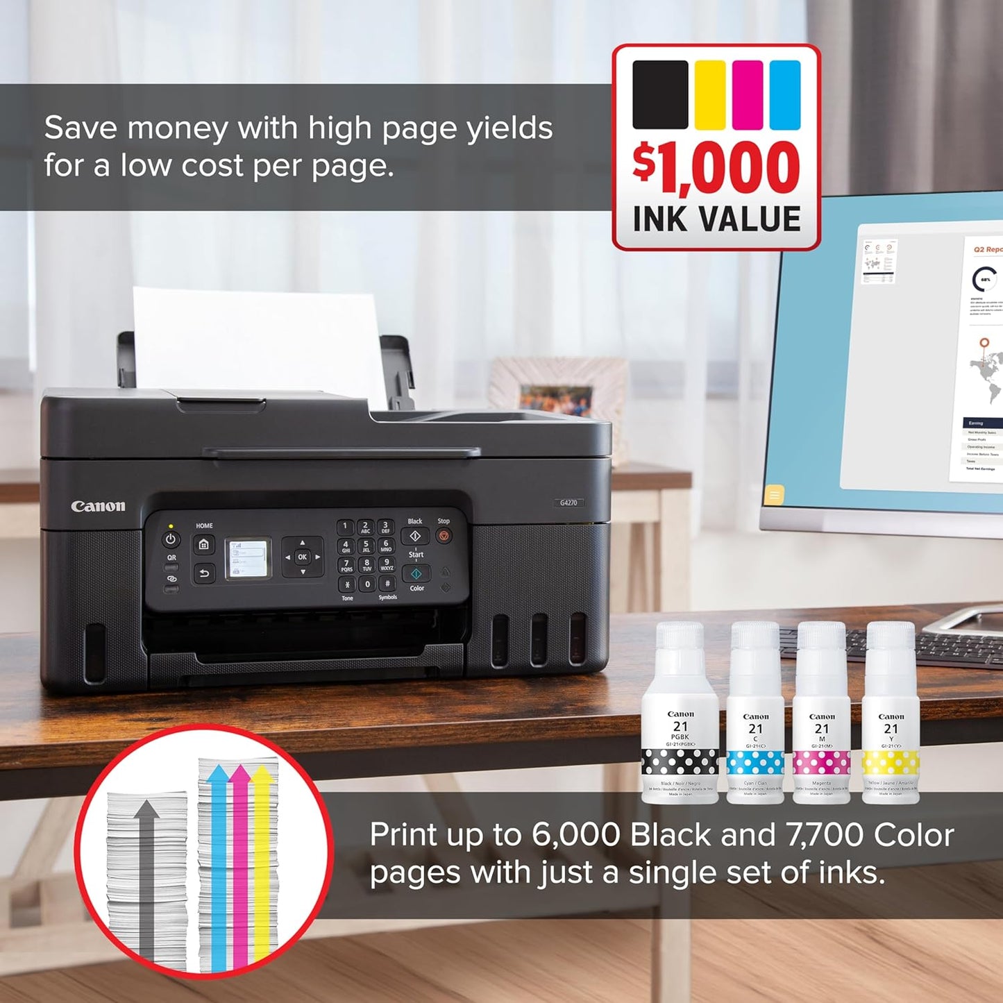 Canon Megatank G4270 All-in-One Wireless Supertank Printer |Print, Copy, Scan and Fax|with Airprint and Mopria Printing|Auto Document Feeder and Backlight 1.35" Square LCD Screen