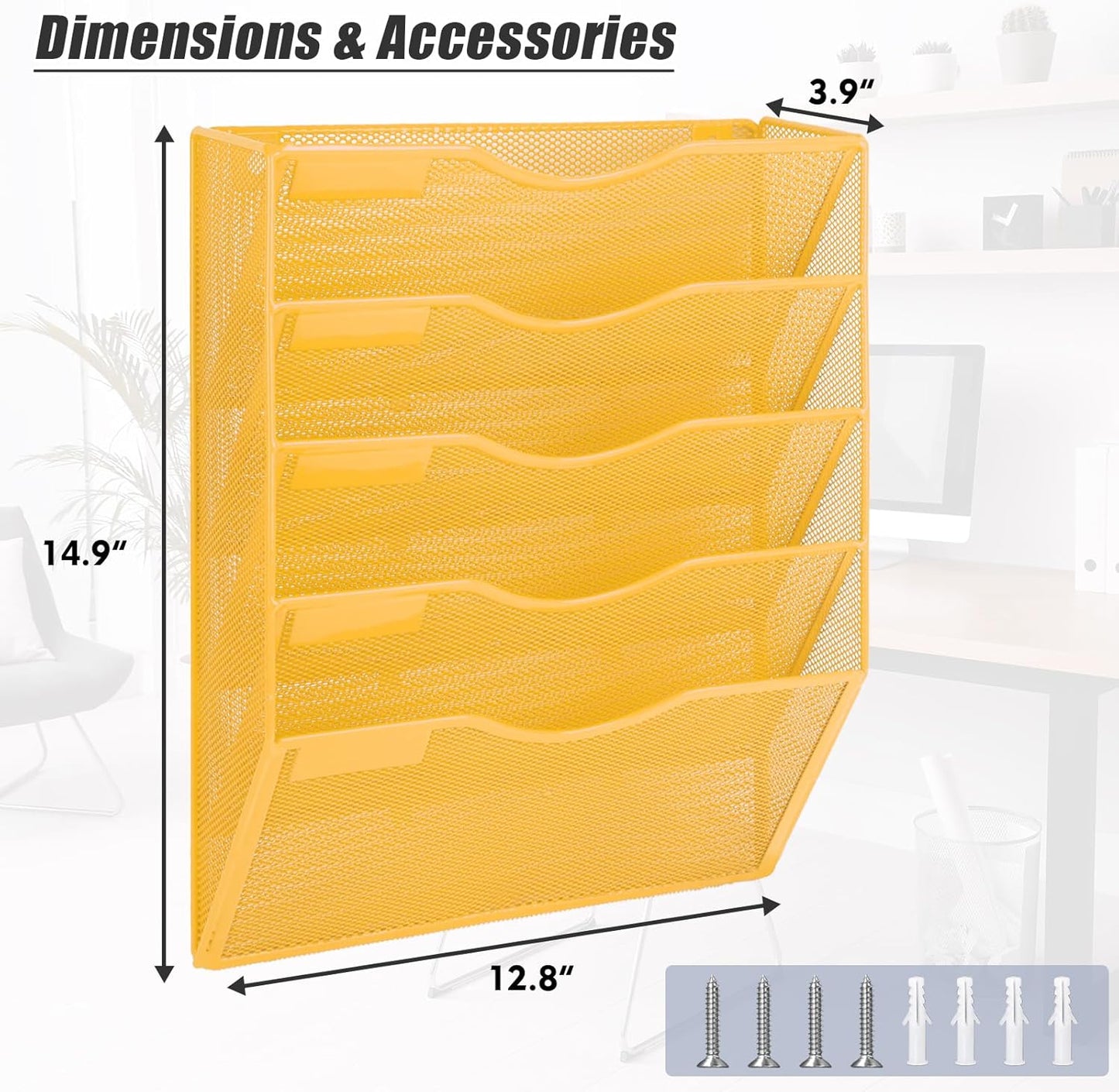 EASEPRES 5 Pocket Mesh Hanging Wall File Organizer, Wall Mounted Mail Paper Document Folder Holder, Clipboard Storage Organization Magazine Rack with Nametag Label for Office Home School, Yellow