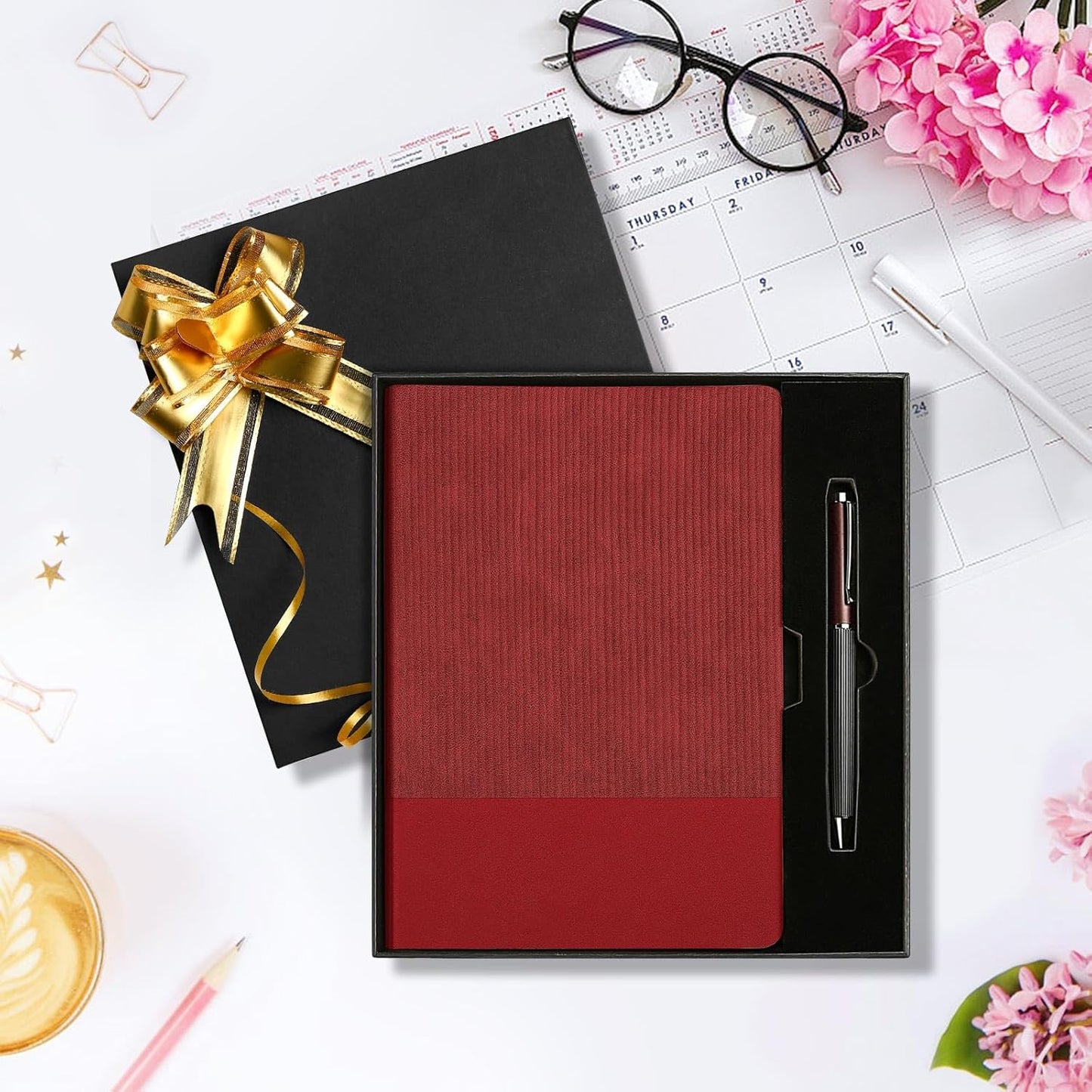 A5 Lined Notebook with Pen & Gift Box 216 Pages PU Leather Journals for Women Men 100GSM Thick Paper College Ruled Notebook for School,Travel,Business,Work,Home Writing (A5 Lined 216pages, Red - Gift Box Set)