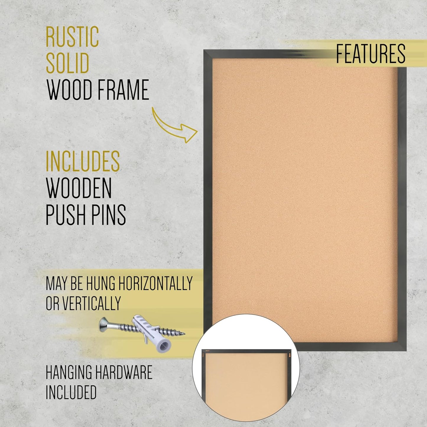 HBCY Creations Wall Mount Black Cork Board - 24" W x 36" H - 6 Wooden Push Pins - Solid Pine Wood Frame - for Kitchen, Classrooms, Restaurant Menus and More!