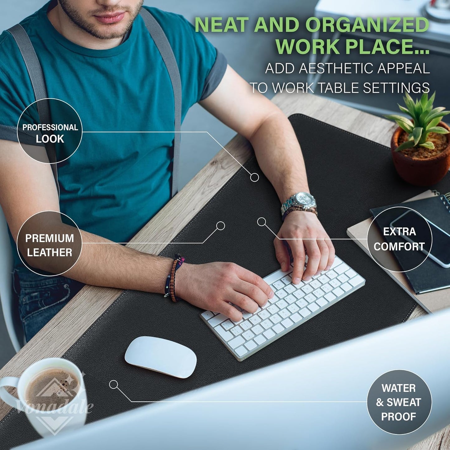 Leather Desk Mat Cable Organizer, Desk Pad Protector, Desk Matt for Desktop, Keyboard Mat, Desk Mat for Keyboard and Mouse, Desk Cover, Computer Mats for Desktop (Pearl Black, 35.0" x 16.9")