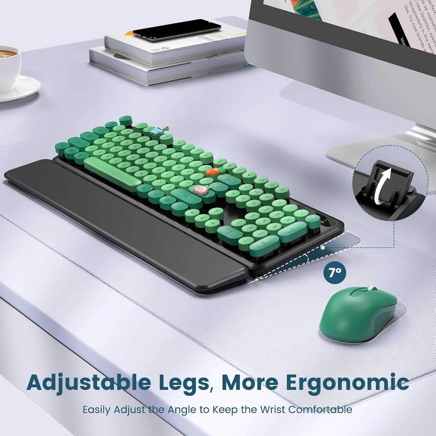 Wireless Keyboard and Mouse Combo-Round Keycaps, Full-Size Retro Typewriter Keyboard with Detachable Wrist Rest, Sleep Mode & Tilt Legs, 2.4GHz Cordless Connection for Mac/Windows/PC (Black & Green)