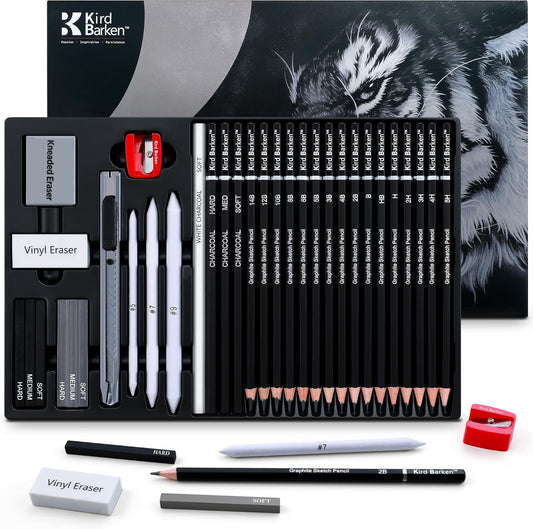 33 Piece Sketching Pencil Set - 5H to 14B Pencils, Charcoal Pencils, Charcoal Sticks,Graphite Sticks,Painting tools – drawing pencil set for Beginners, Artists, Students, Kids