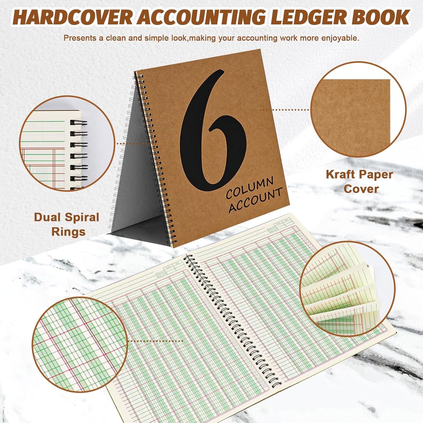 6 Column Ledger Book Columnar Pad Analysis Pad 6 Columns Accounting Logbook Columnar Pad Notebook Ledger Book Spiral 80g 100 Pages 8.5X11 Inch Accounting Notebook for Small Business Personal Use