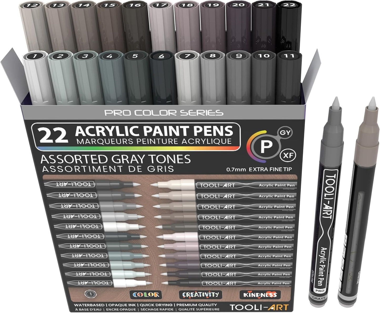 Acrylic Paint Pens 22 Gray Tones Assorted Pro Color Series Markers Set 0.7mm Extra Fine Tip for Rock Painting, Glass, Mugs, Wood, Metal, Canvas, Projects, Non Toxic, Waterbased, Quick Drying