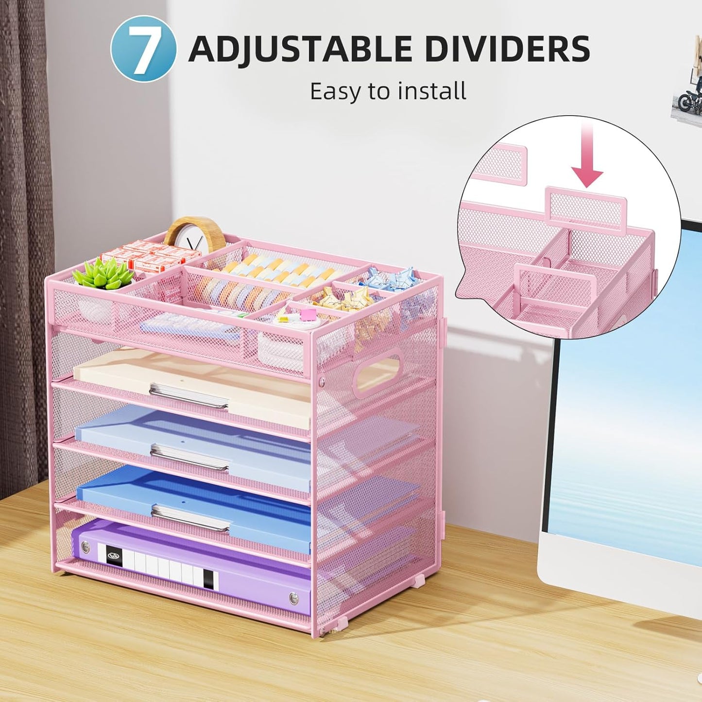 Marbrasse 5-Tier Letter Tray Paper Organizer with Handle, Multi-Functional Mesh File Organizer for Desk, Adjustable Compartments Mesh Desktop Storage for Office Supplies, Pink