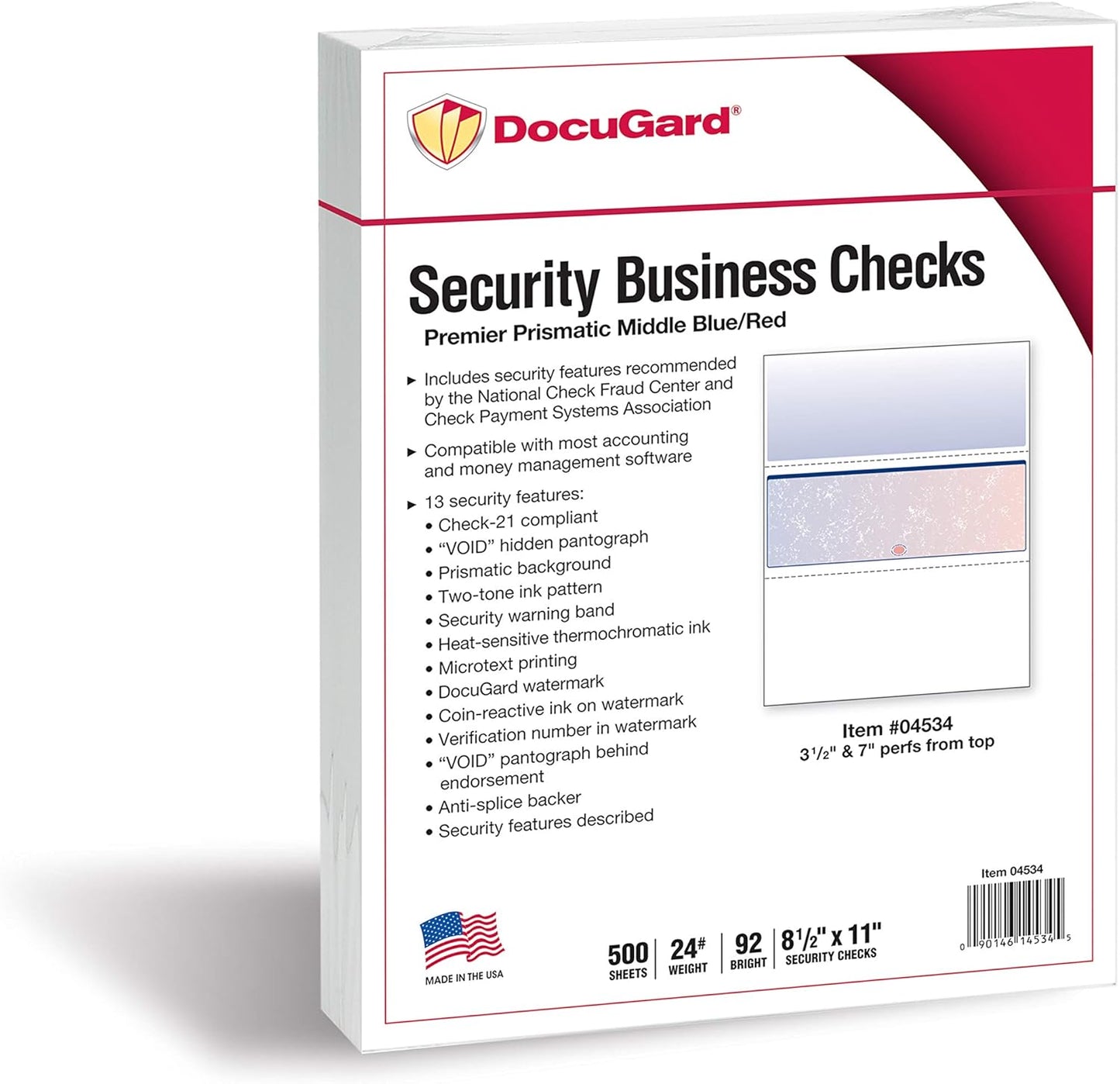 DocuGard Blue/Red Premier Prismatic Middle High Security Check Paper - Laser/Inkjet Printer Compatible - 13 Security Features - 500 Blank Business Checks (04534)