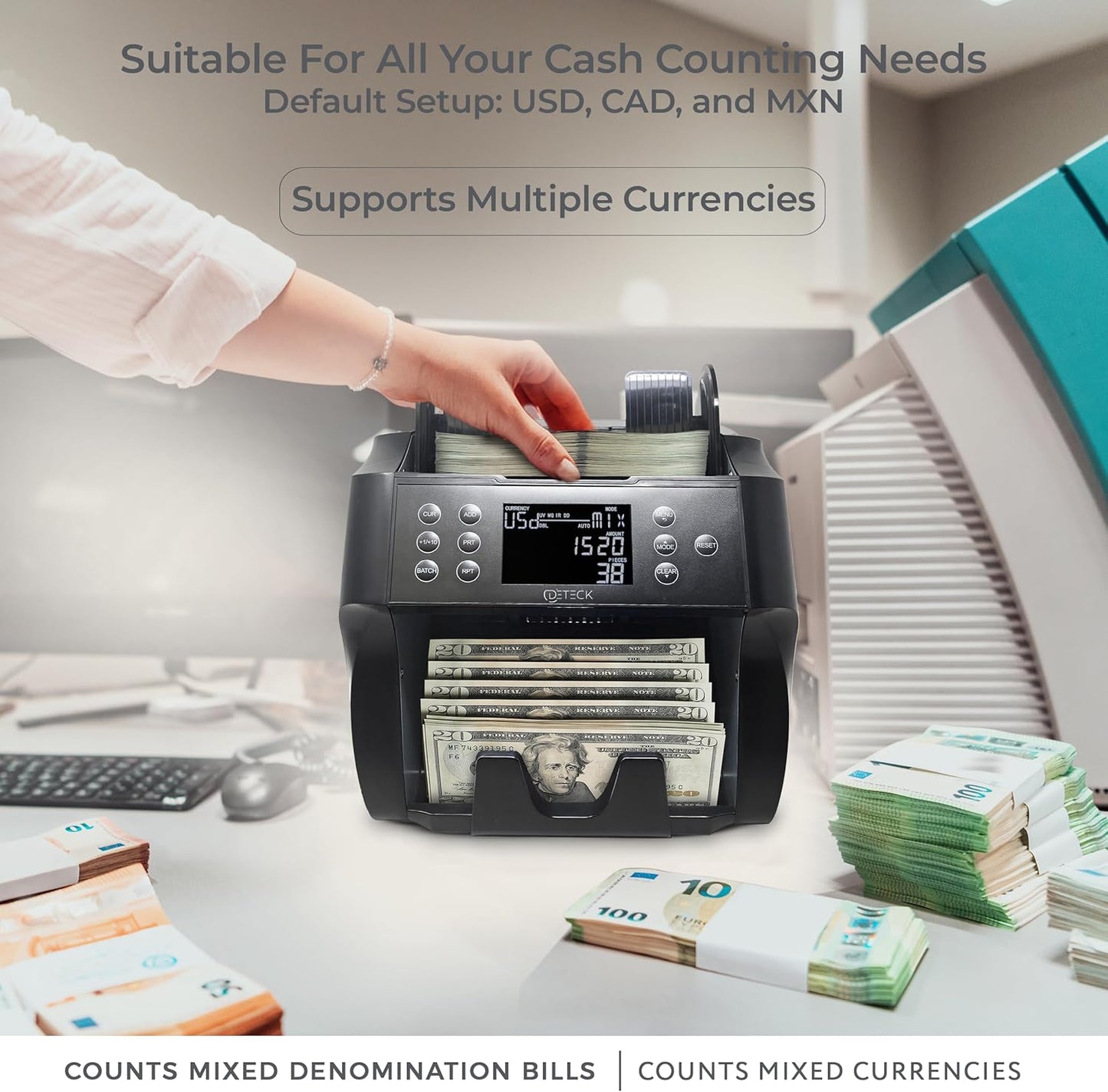 DETECK DT500 Mixed Denomination Money Counter, Multi Currency, Bill Counter 2CIS/UV/IR/MG/MT Counterfeit Detection, Cash Counter Serial Number, Printer Enabled