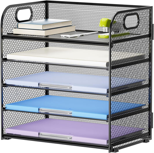 Marbrasse 5 Tier Paper Organizer Letter Tray, Mesh Desk File Organizer with Handle, Paper Sorter Desk Organizer for Home Office Supplies(Black)