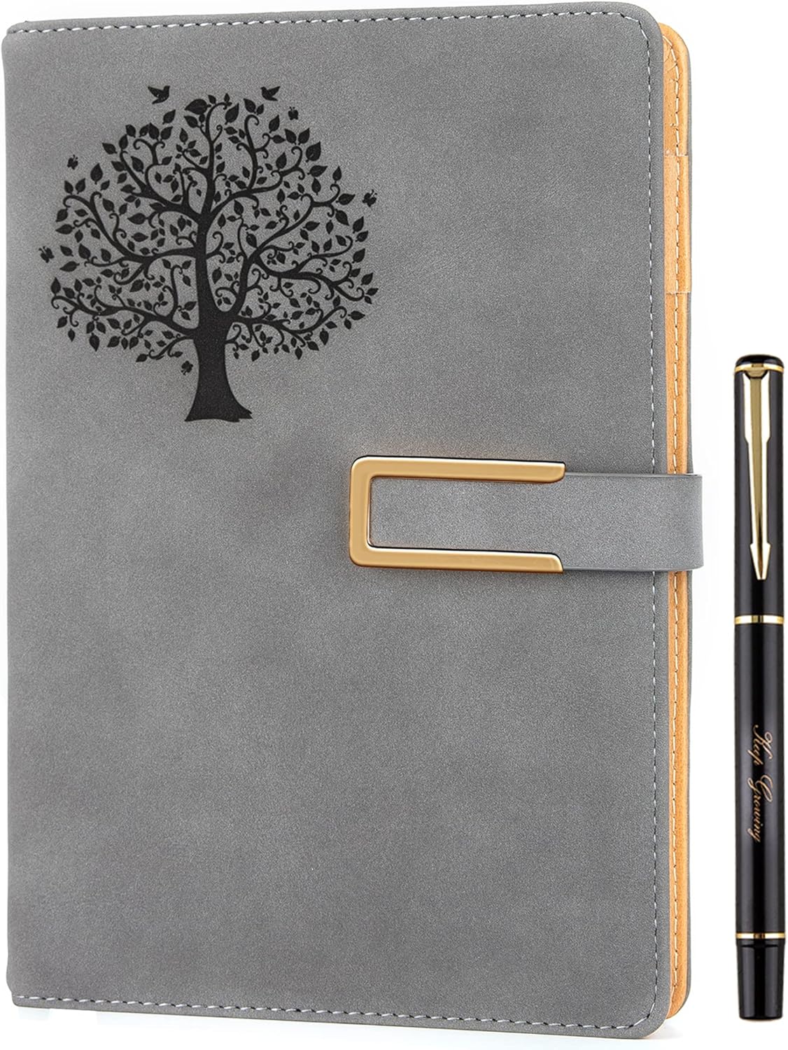 Tree of Life Refillable Writing Journal For Women & Men Faux Leather Hardcover Notebook A5 College Ruled 200 Lined Pages Lay-Flat Personal Diary With Pen & Magnetic Buckle (Tree of Life - Grey)